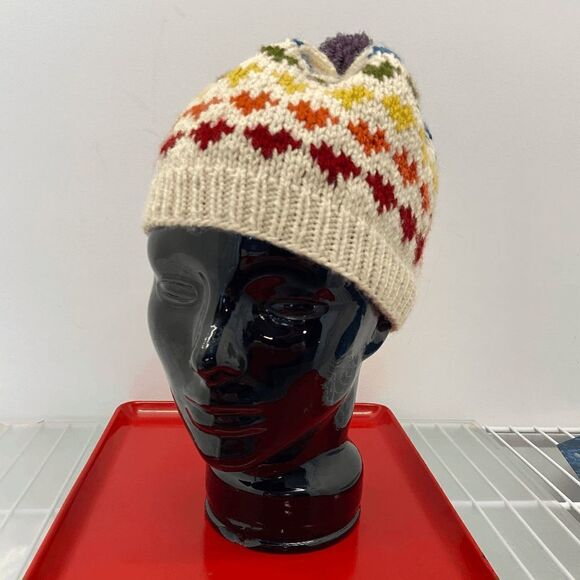 Rainbow Hearts Hand Knit Pom Pom Beanie, Winter Hat with Heart Design in Rainbow - Picture 2 of 8